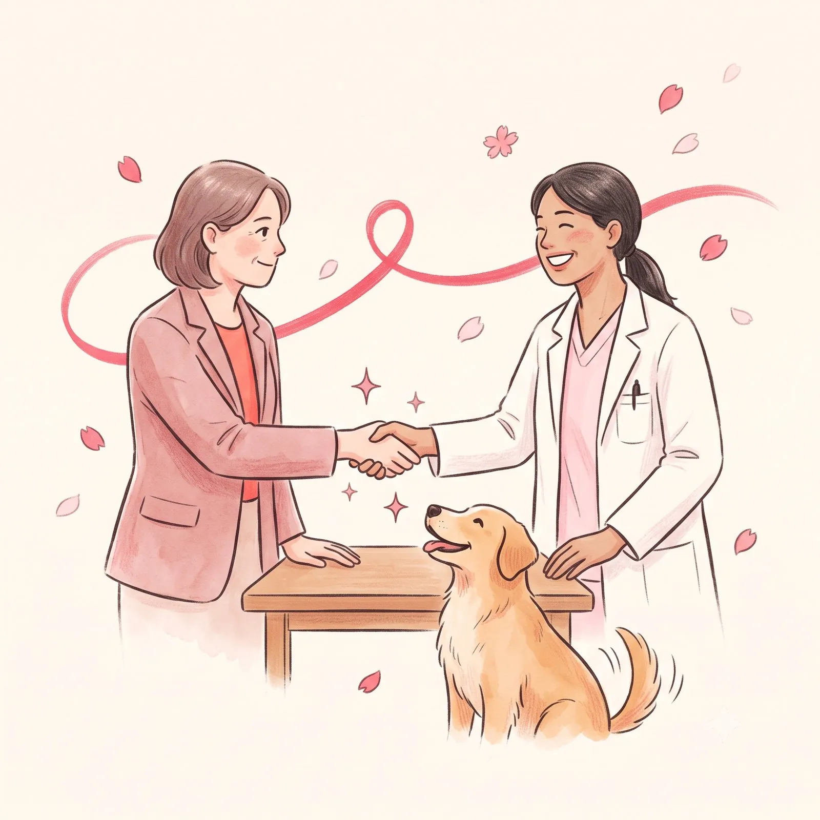 握手を交わす獣医療者の水彩イラスト