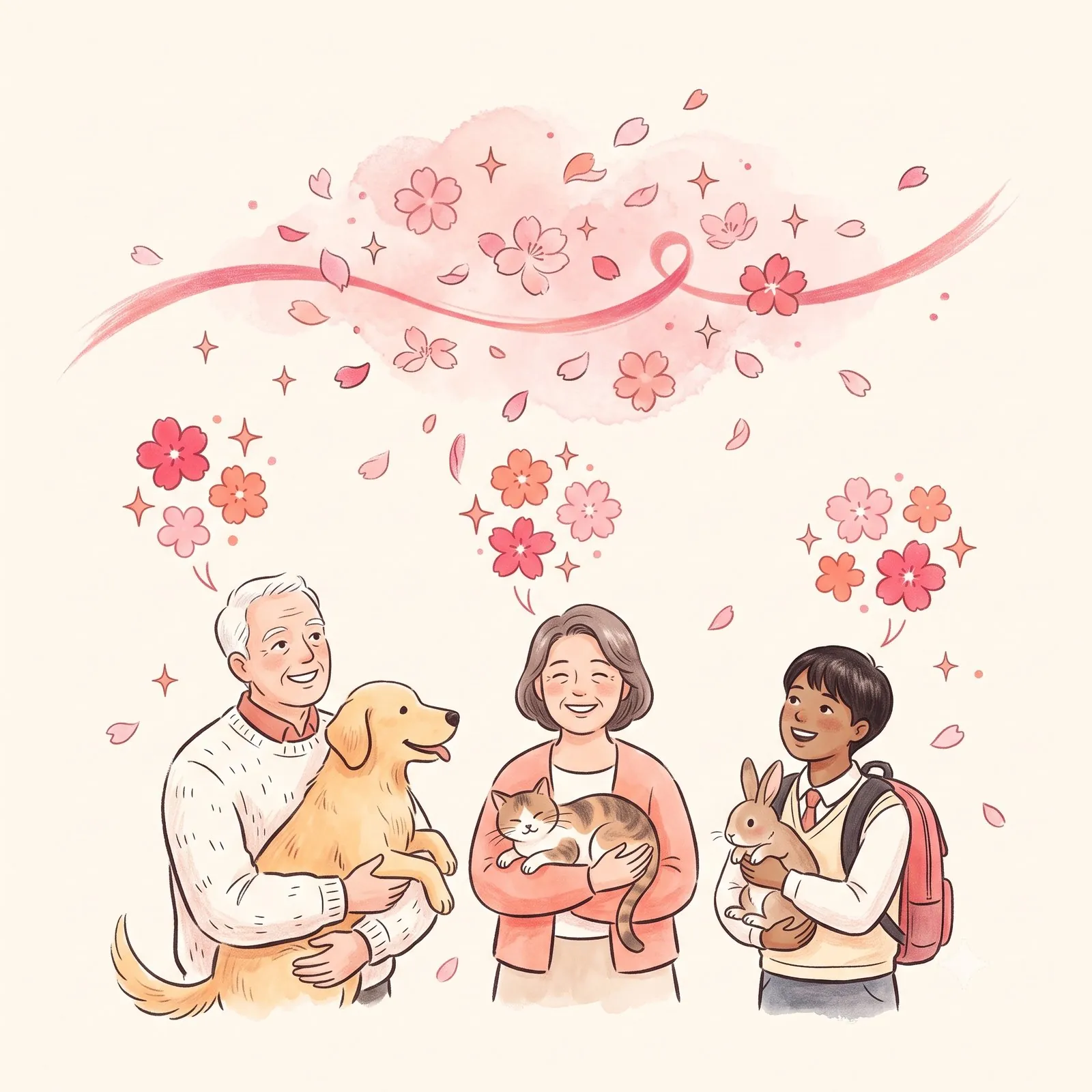 動物とともに集う人々の水彩イラスト