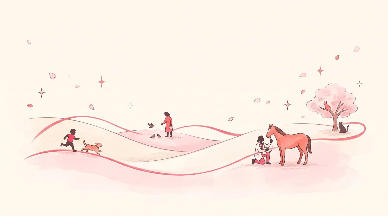 桜の咲く丘で動物と過ごす人々の水彩イラスト