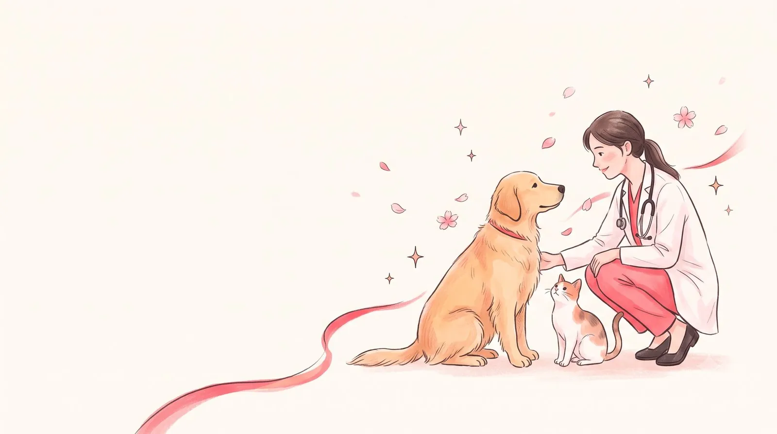 犬に寄り添う獣医療スタッフの水彩イラスト